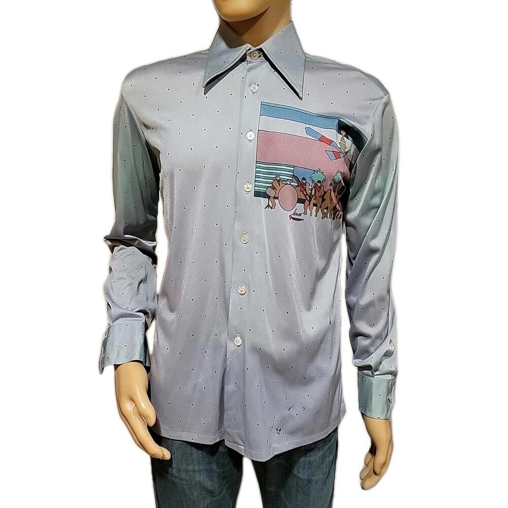Vintage 70s Citta Europe Craft 2000 Disco Shirt Sz L Blue Graphic Button Up #W3